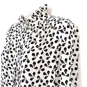 Ann Taylor White Black Leaf Print Long Sleeve Ruffle Neck Shirt Top